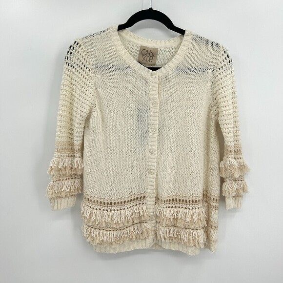 NWT CHASER Cream Crochet Knit Fringe Boho Button Up Cardigan Sweater Size Medium - Picture 1 of 5